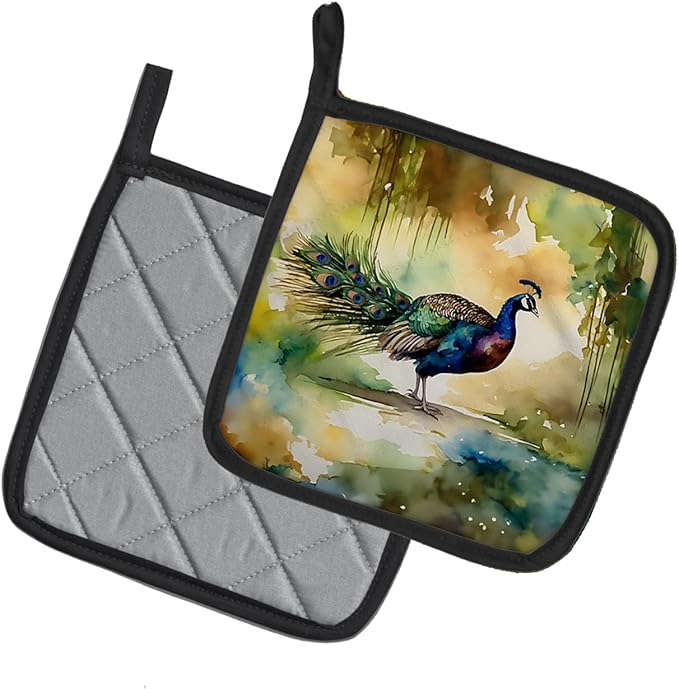 Caroline's Treasures Peacock Pair of Pot Holders Kitchen Heat Resistant Pot Holders Sets Oven Hot Pads for Cooking Baking BBQ, 7 1/2 x 7 1/2