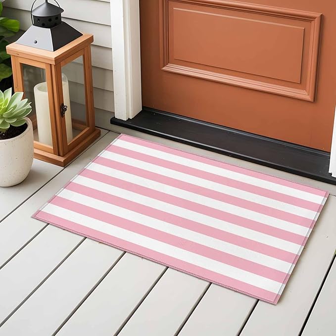 Area Rug 2x3ft, Pink White Stripe Washable Rugs for Living Room Bedroom, Classic Geometric Line Soft Non-Slip Area Rugs Rectangle Floor Carpet for Dining Room