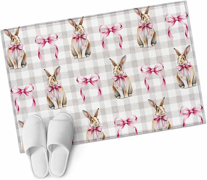 Area Rug 2x3ft, Easter Rabbit Pink Bow Washable Rugs for Living Room Bedroom, Seamless Bunny Gray Buffalo Plaid Soft Non-Slip Area Rugs Rectangle Floor Carpet for Dining Room