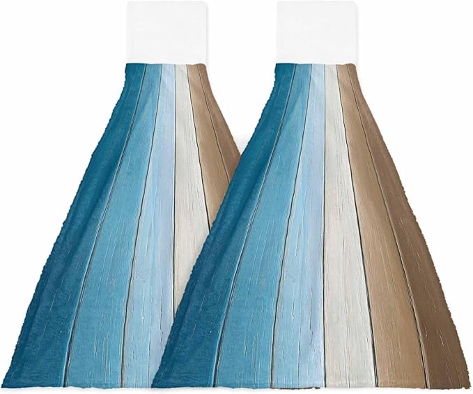 Alandar Home Kitchen Tie Towel Set of 2, Farm Blue Gradient Wood Board Absorbent Soft Hand Towels for Bathroom Hanging Towels, Vintage Brown Wood Grain Fast Drying Cleaning Cloth with Loop