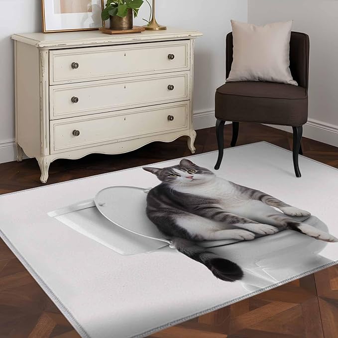 Area Rug 3x5ft, Cute Funny Cat on The Toilet Washable Rugs for Living Room Bedroom, Animal Grey Art Soft Non-Slip Area Rugs Rectangle Floor Carpet for Dining Room