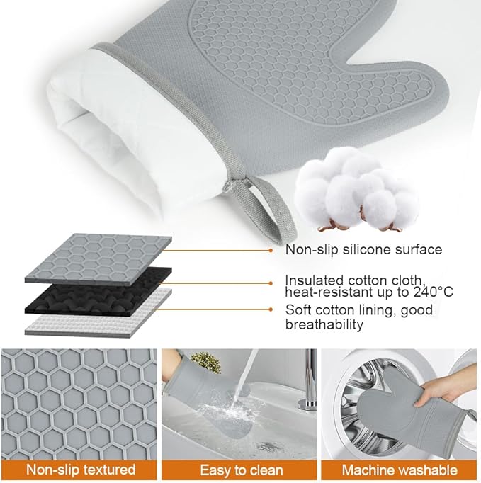 AUAUY Oven Mitts with 2 Potholders, Silicone Oven Gloves Heat Resistant 464°F, Non-Slip Silicone BBQ Gloves, Waterproof Cooking Gloves, Oven Gloves for Barbecue Kitchen Baking Microwave, Grey