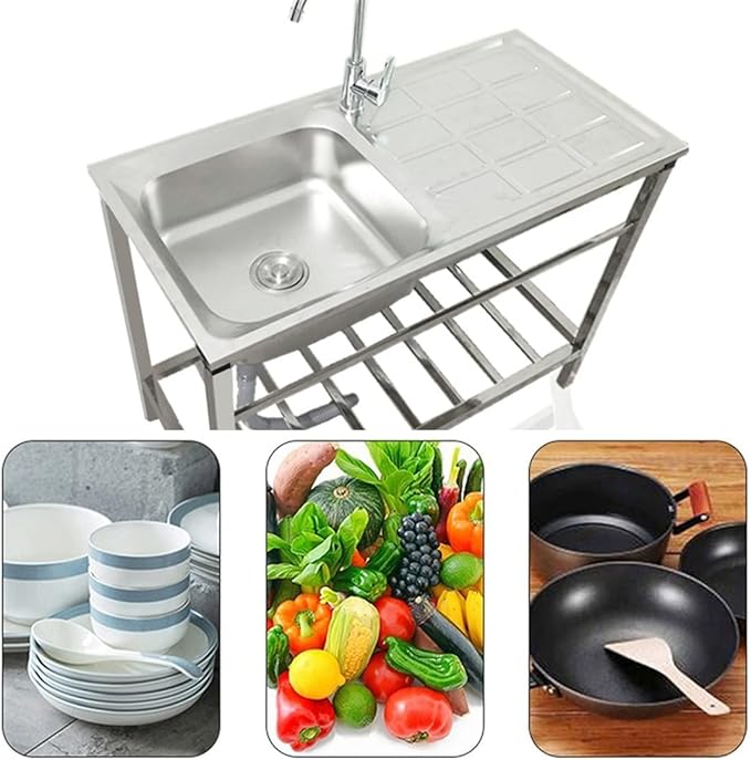 Cmercial Stainless Steel Utility Sink - Free Standing Hand Basin Station with Faucet for Garage, Restaurant, Kitchen, Laundry Ro - Outdoor Washing Sink
