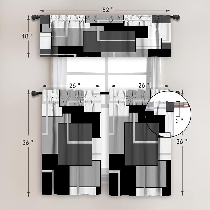 MCALK Dark Grey Blackout Kitchen Curtains Tiers and Valances for Windows, Geometric Modern Art Kitchen Window Curtains, Grey and Black Valances for Living Room (36" Tiers Set)