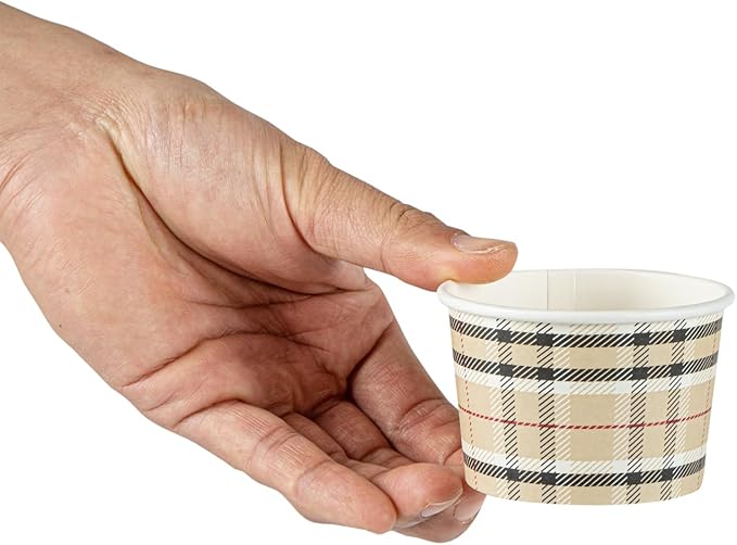 Restaurantware Coppetta 4-Ounce Dessert Cups, 50 Disposable Ice Cream Cups - Lids Sold Separately, Heavy-Duty, Plaid Paper Frozen Yogurt Bowls, For Hot And Cold Foods