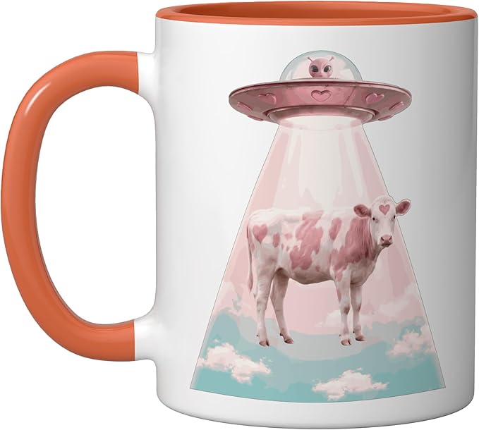 Funy Pink Heart Cow Alien Abduction UFO Space Nerd Ceramic Mug, Orange/White