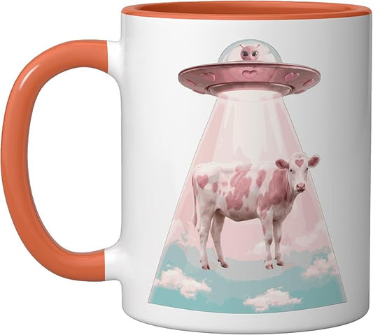 Funy Pink Heart Cow Alien Abduction UFO Space Nerd Ceramic Mug, Orange/White