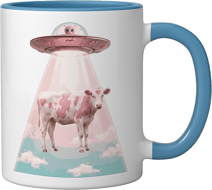 Funy Pink Heart Cow Alien Abduction UFO Space Nerd Ceramic Mug, Blue/White
