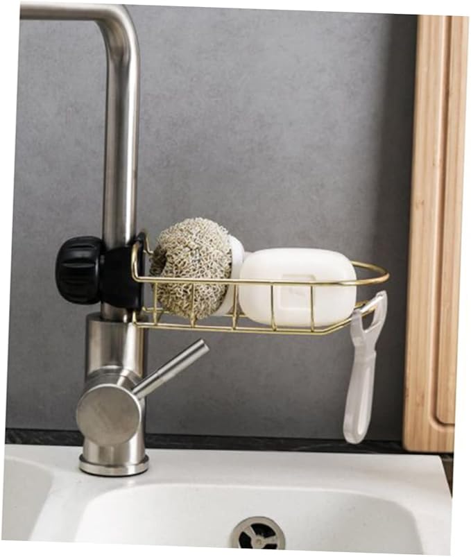 Hemobllo 1Pc Adjustable Sponge Holder for Kitchen Sink Draining Rack Clip Storage Organizer for Dishcloths Easy to Use Removable Fixture Golden Finish