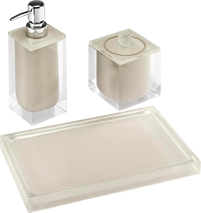 Izod – Vanity Accessory Set, Clear Resin with Painted Linen Look Finish, Decorative Lotion Pump, Vanity Tray & Covered Jar (Marina)