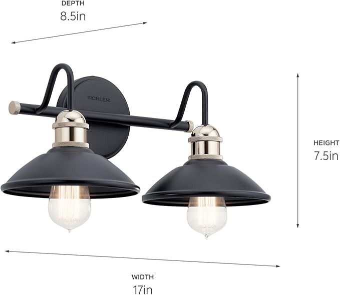 Kichler Clyde 2-Light Bathroom Vanity Light Fixture with Vintage Industrial Design, Black Finish for Bathrooms Over Mirror (7.25" H x 17" W x 8.25" Ext.), 45944BK