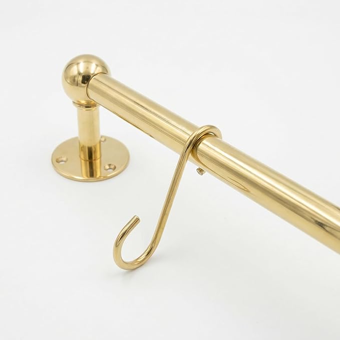 Unlacquered Solid Brass Pot Rail with S Hooks – Wall Mounted Pot Rack Rod for Pots & Pans, Kitchen Organizer, Vintage Brass Hanging Rail (60 inch (16 S-Hooks))