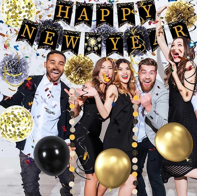 New Year‘s Eve Party Supplies 2026 -34PCS Happy New Years Decorations 2026 for 12+ Guests Includes Banner, Pom Poms, Balloons ,Triangle Flag for Nye 2026 Celebrations Premium Black Gold new years set