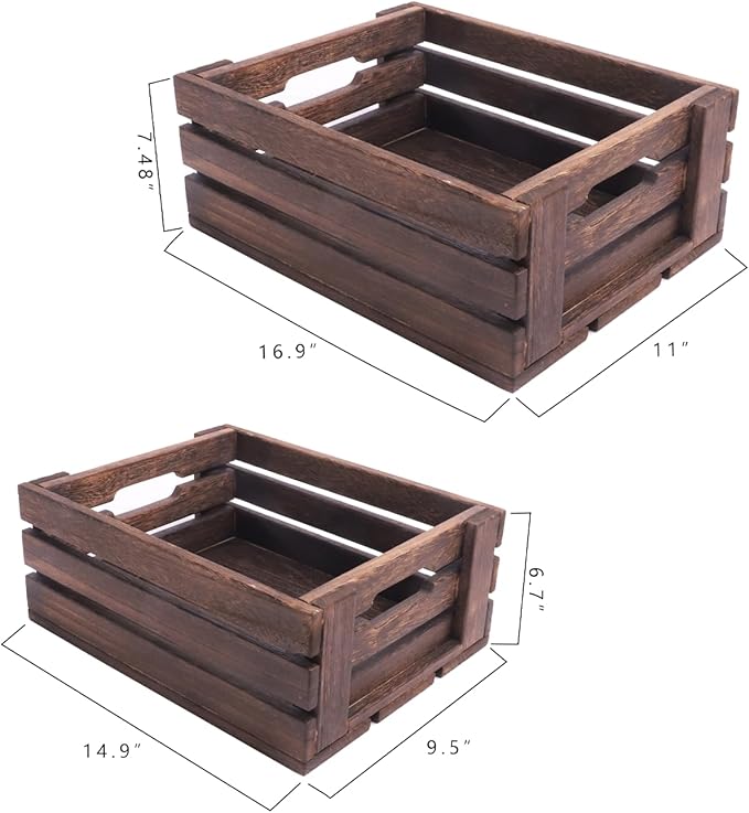 Rustic Vintage Finished 2 Packs Wooden Crate with Handles - Nesting Storage Display Organization Crate for Party Office Bedroom Kitchen and Closet