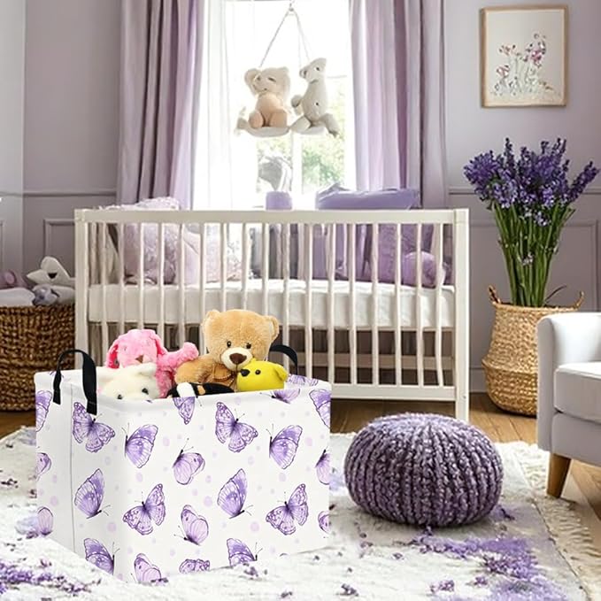 Rectangular Purple butterfly basket,Books Storage Basket,Collapsible Storage Bin,Cute Organizer Toy Bin,Butterfly Room Decor,Gift Baskets(Little purple butterfly)