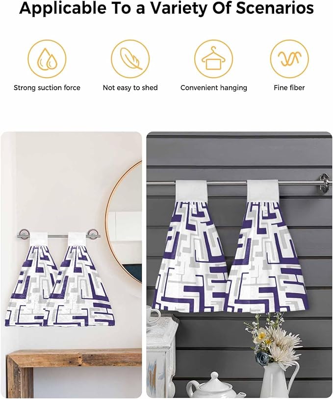 Alandar Home Kitchen Tie Towel Set of 1, Modern Abstract Purple Gray Stripes Absorbent Soft Hand Towels for Bathroom Hanging Towels, Geometric Square Art Fast Drying Cleaning Cloth with Loop
