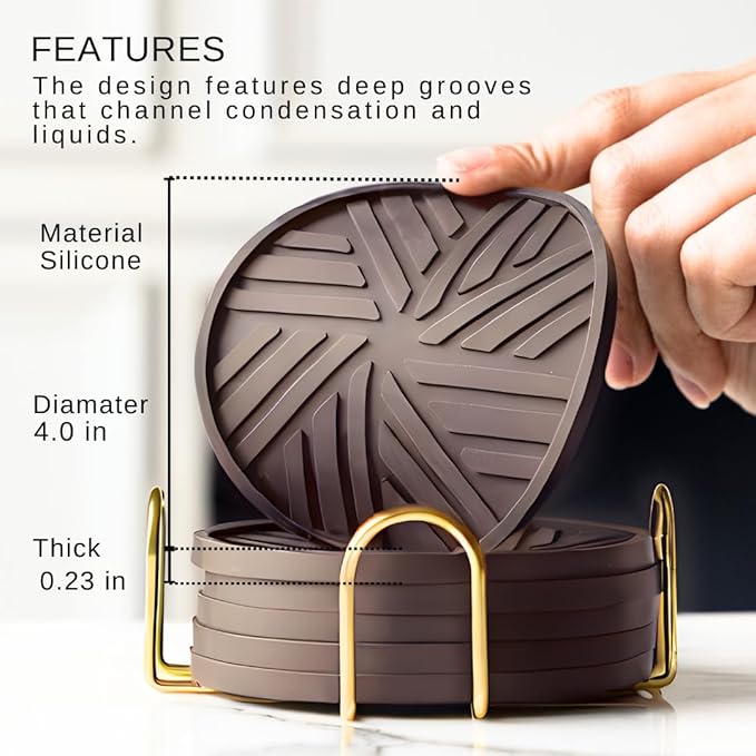 Housewarming Coasters Set of 6 - Non-Slip - Round Pads with Smart Groove Patterns & Gold Holder - Coffee Table and Kitchen Decor Porta vasos Modern (Dark Grey)