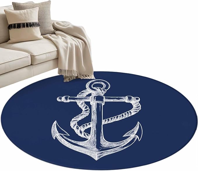 Washable Round Area Rug Marine Theme Anchor String Sketch Circle Rugs Floor Carpet for Living Room Bedroom, Watercolor Nautical Theme Soft Non Slip Round Rug 4ft