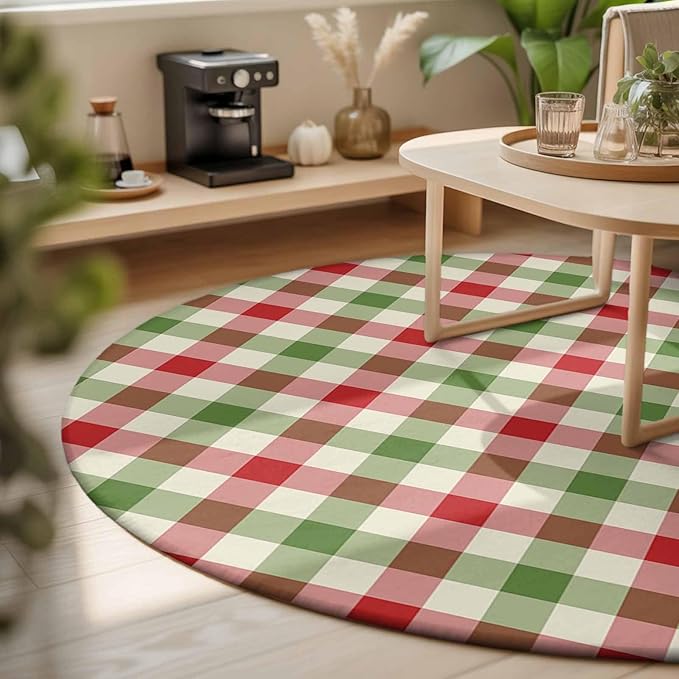 Washable Round Area Rug Vintage Pastoral Red Green Buffalo Gingham Circle Rugs Floor Carpet for Living Room Bedroom, Christmas Plaid Soft Non Slip Round Rug 3ft