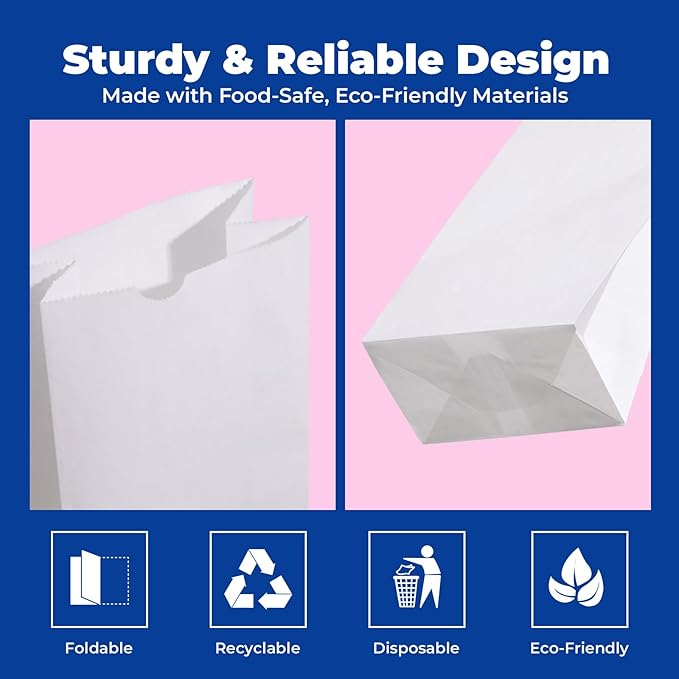 Fit Meal Prep 500 Pack 4 lb White Paper Lunch Bags, 9.75 x 5 x 3.13" Premium White Paper Bags Bulk for Small Business, Recyclable Snack Sacks, Durable Grocery Bag for Food Storage, Packing
