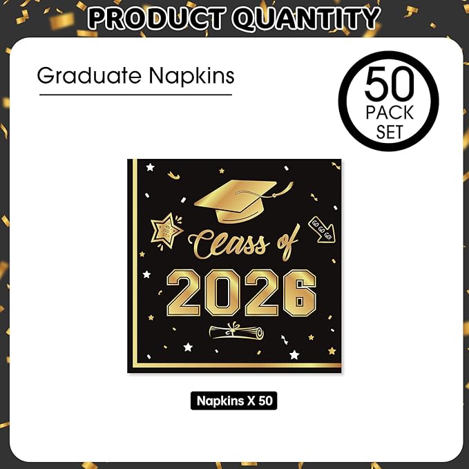50 Pcs Graduation Napkins Decorations - Black Gold Class of 2026 Congrats GRAD 3-Ply Paper Cocktail Dinner Napkins Set for 2026 Graduation Party Supplies Table Decor Favors, 6.5 x 6.5 Inch