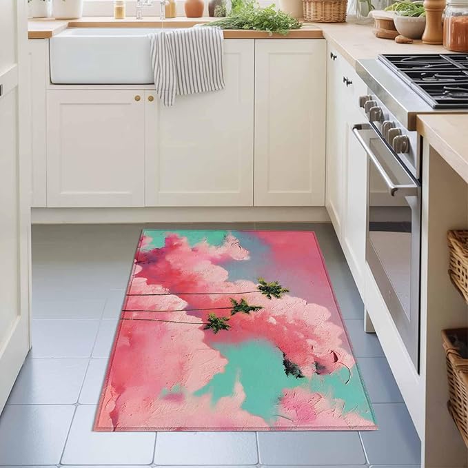 Area Rug 2x3ft, Summer Dreamy Pink Cloud Washable Rugs for Living Room Bedroom, Watercolor Tropical Palm Tree Soft Non-Slip Area Rugs Rectangle Floor Carpet for Dining Room