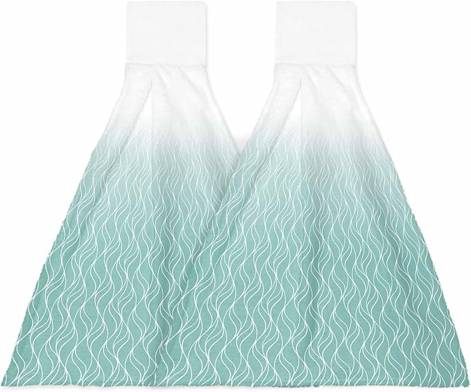 Alandar Home Kitchen Tie Towel Set of 2, Abstract White Wave Line Absorbent Soft Hand Towels for Bathroom Hanging Towels, Modern Stripe on Green Fast Drying Cleaning Cloth with Loop