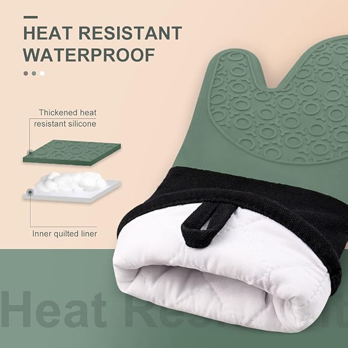 sungwoo 6pcs Silicone Oven Mitts and Pot Holders Sets, 14.6 Inch Heat Resistant Oven Gloves with Quilted Liner Non-Slip Textured Grip Perfect for BBQ, Baking, Cooking and Grilling Green