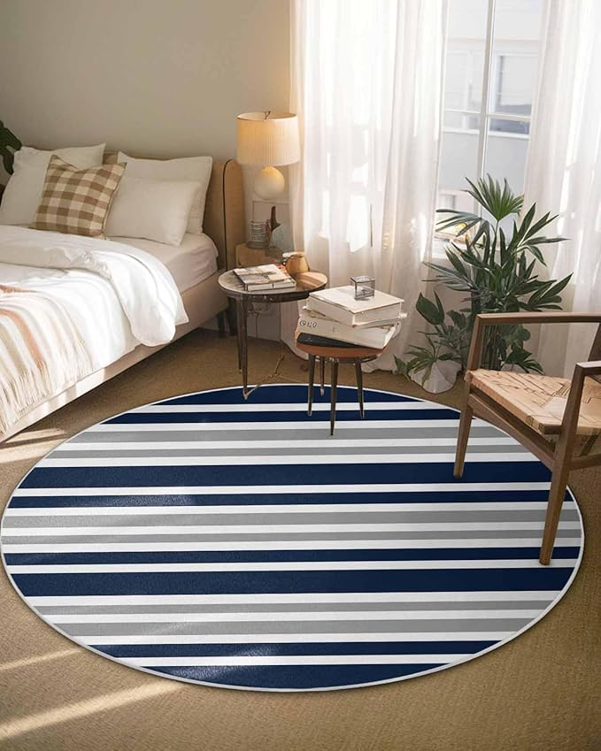 Round Area Rug,Navy Blue Gray Stripe Circle Living Room Rug Non-Slip Rugs Indoor Carpet,Modern Minimalist Style Soft Comfort Rugs for Bedroom KidsRoom Nursery