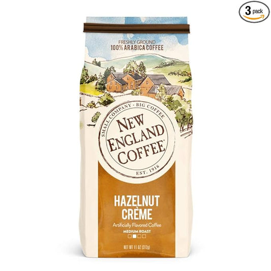 New England Coffee Hazelnut Creme Medium Roast Ground Coffee, 11oz Bag (Pack of 3)