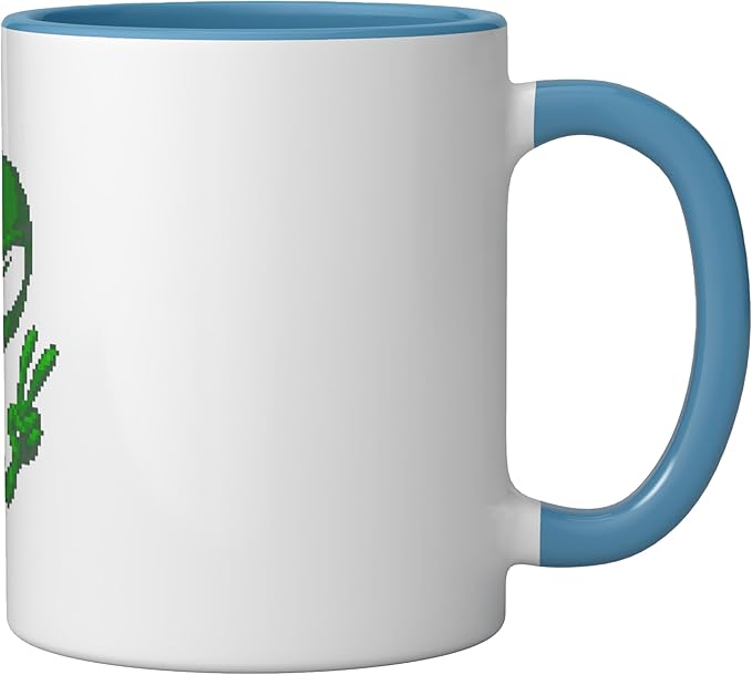 Art Alien Peace Sign UFO Ceramic Mug, Blue/White