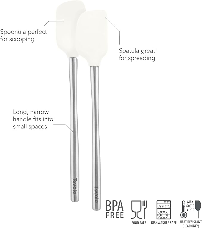 Tovolo Flex Core Mini Silicone Spatula Spoonula Set of 2 for Non Stick Cast Iron Cooking & Baking, Dishwasher Safe Heat Resistant BPA Free Small Stainless Steel Handle Kitchen Utensil, White
