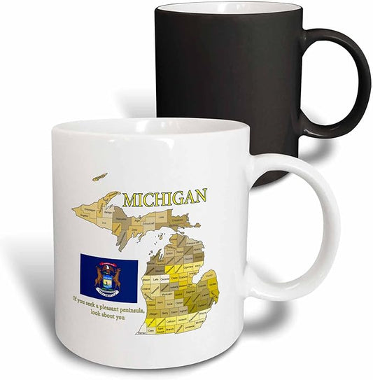 3dRose Flag, Map and motto of Michigan with all counties labeled 11oz Magic Transforming Mug