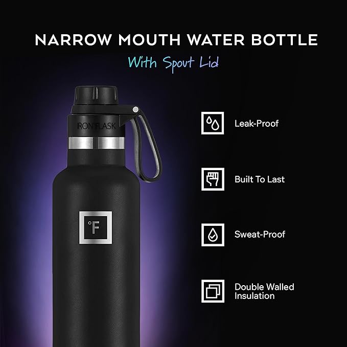 IRON °FLASK Camping & Hiking Hydration Flask with Spout, Narrow Mouth Insulated Stainless Steel Sports Water Bottle - Twilight Blue 24 oz - Spout (1 Lid)
