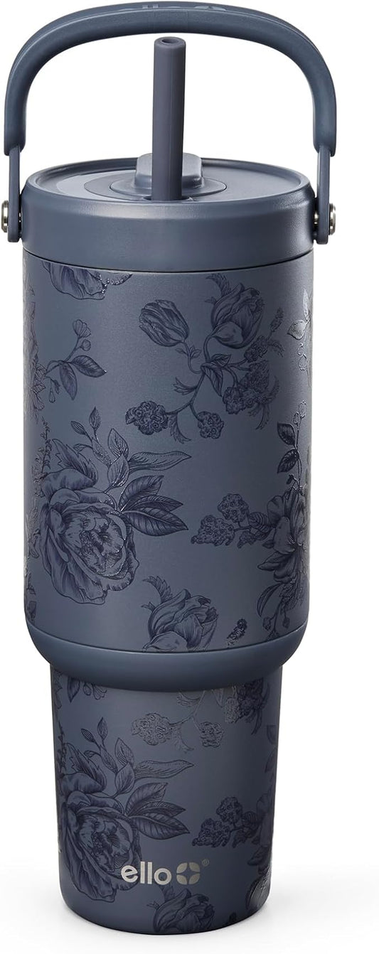 Ello Oasis Go+ 32oz Tumbler with Top Handle and Retracting Straw | Reusable Insulated Stainless Cup, 100% Leakproof Water Bottle, 24 Hours Cold, Cup Holder Friendly For Travel | Porcelain Rose Navy