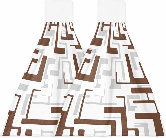 Alandar Home Kitchen Tie Towel Set of 2, Geometric Brown Gray Stripes Absorbent Soft Hand Towels for Bathroom Hanging Towels, Modern Abstract Texture Fast Drying Cleaning Cloth with Loop