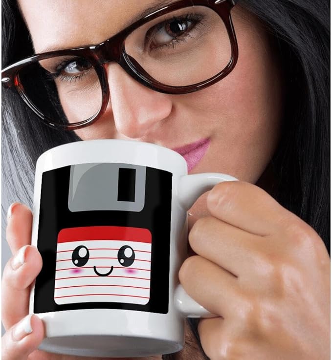 3dRose mug_57455_3 "Kawaii Cute Happy Floppy Disk - Geeky Retro computer - Japanese Anime Smiley cartoon with red label Magic Transforming Mug, 11 oz, Multicolor