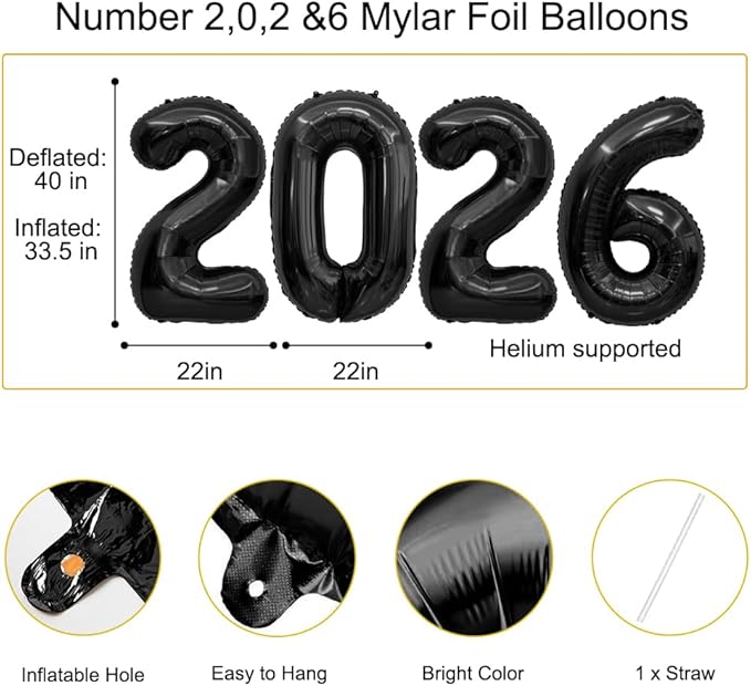 2026 Balloons Black 2026 Balloon Numbers 40 Inch 2026 Numbers for New Year Large Number Balloons 2026 Foil Mylar Balloon for 2026 New Year Eve Party Supplies Birthday Anniversary Graduation Decoration