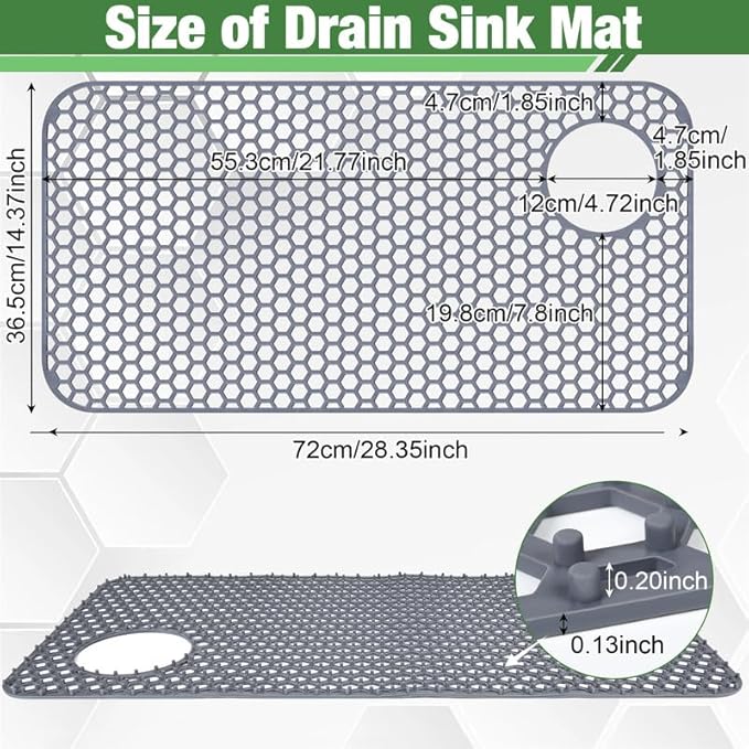 Sink Protector for Kitchen Sink Mat - 28.35"x14.37" Kitchen Sink Pad for Bottom of Sink Protec of Stainless Steel Sink Tableware Farmhouse Rubber Sink Mat Protector with Top Right Drain - Light Gray