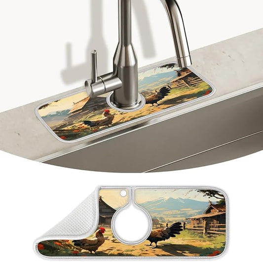 Courtyard Rooster Animal Kitchen Sink Splash Guard Absorbent Fast Drying Mat Sink Gadgets Washable Sink Matt for Kitchen Faucet Splash Guard