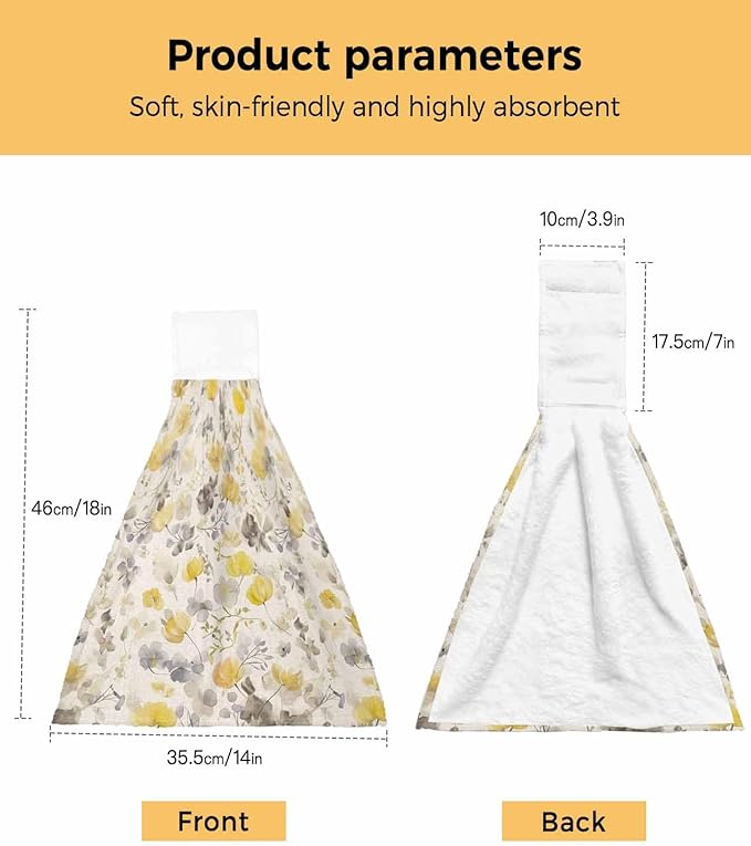 Alandar Home Kitchen Tie Towel Set of 1, Pastoral Yellow Grey Flowers Absorbent Soft Hand Towels for Bathroom Hanging Towels, Floral Branch on Rustic Linen Fast Drying Cleaning Cloth with Loop