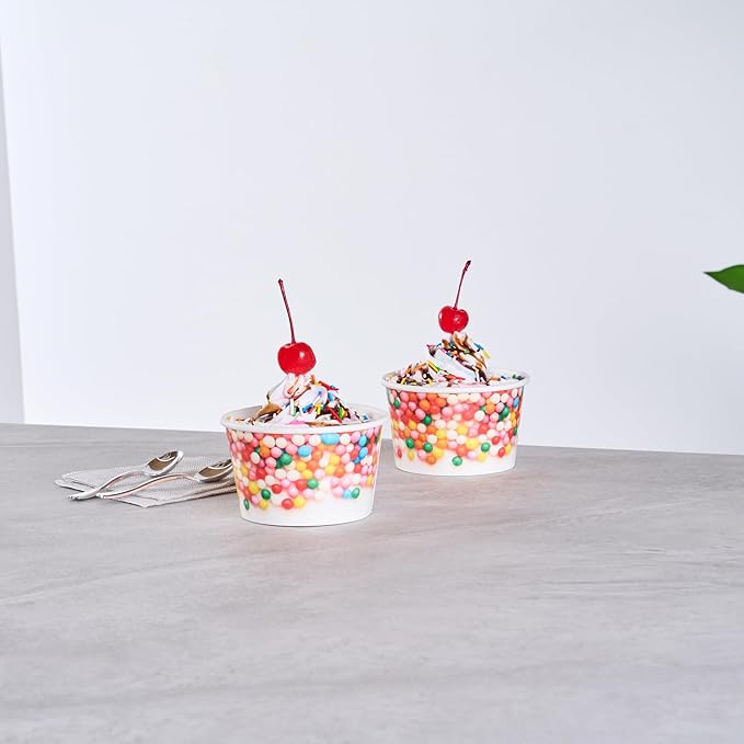 Coppetta 8 Ounce Dessert Cups, 50 Greaseproof Ice Cream Cups - Lids Sold Separately, For Hot And Cold Foods, White Paper Yogurt Bowls, Round Sprinkle Design, Disposable, Sturdy - Restaurantware