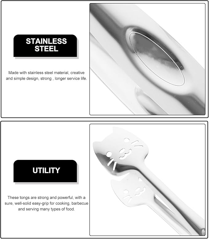 jojofuny Stainless Steel Kitchen Tongs Cat Face Design Metal Food Clips Small Buffet Serving Tongs for Cooking Baking and Dessert