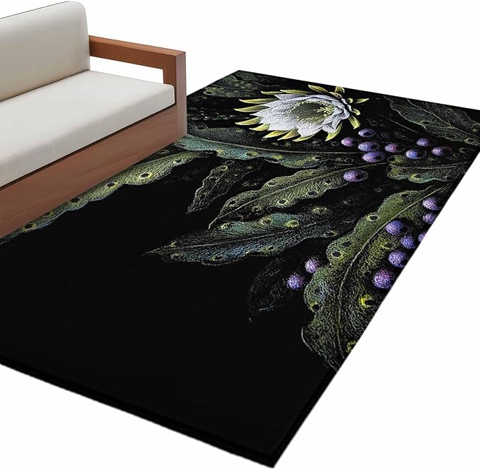 Area Rug 4x6ft, Watercolor Flower Berry Leaves Washable Rugs for Living Room Bedroom, Botanical Plant Dark Style Soft Non-Slip Area Rugs Rectangle Floor Carpet for Dining Room