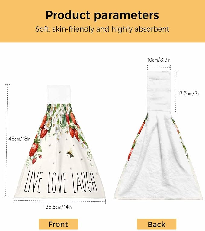 Alandar Home Kitchen Tie Towel Set of 1, Watercolor Rustic Strawberry Flower Bee Absorbent Soft Hand Towels for Bathroom Hanging Towels, Farmhouse Landscape Fast Drying Cleaning Cloth with Loop