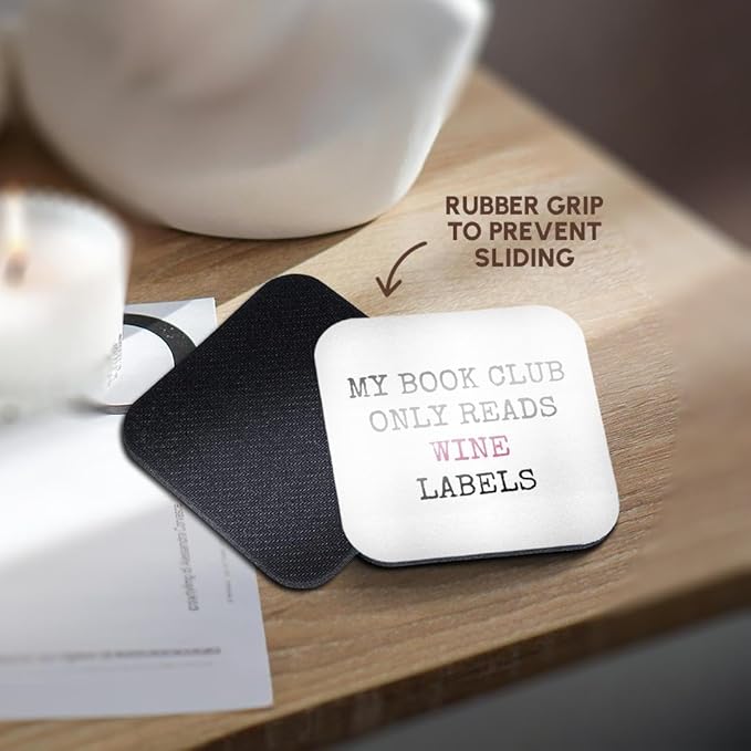 3dRose My Book Club only Reads Wine Labels, Black Letters on White Background Set of 4 Coasters - Soft