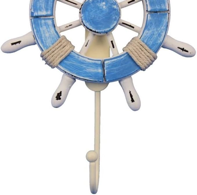 Hampton Nautical Wheel-6-109 Rustic Decorative Ship Wheel with Hook, 6", Light Blue and White