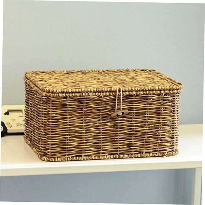 FRCOLOR Imitation Rattan Storage Box with Lid Woven Organizing Sundry Box for Bedroom Bathroom Living Office Neat Orderly Accessory Storage