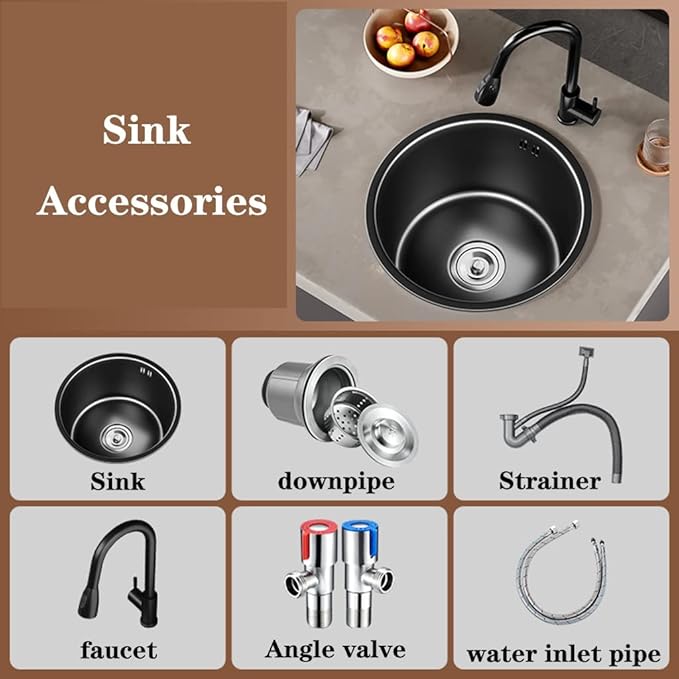 Single Bowl Black Mini Round Sink Single Bowl Sink 304 Stainless Steel Small Bar Balcony Kitchen Sink Under Counter Sink Space Saving (Black 32 * 32 * 18cm)