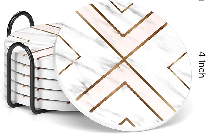 Nipichsha Coasters for Drinks, Set of 6 Cute Absorbent Ceramic Drink Coasters for Cup with Holder and Cork Base, Kitchen Home Decor Housewarming Gift, Round 4 in, White Gold Line